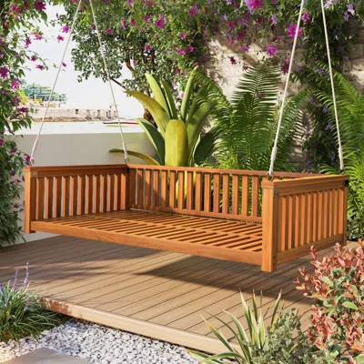 Streamdale Furniture Streamdale Minimalist Twin Teak Garden Swing Bed, Safe Sloped Design