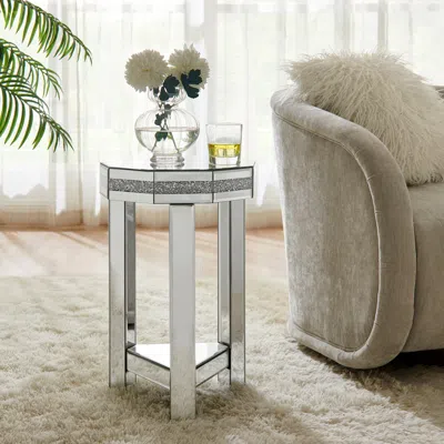 Streamdale Furniture Streamdale Mirrored Octagon End Table With Crystals, 2-tier Silver Accent Table