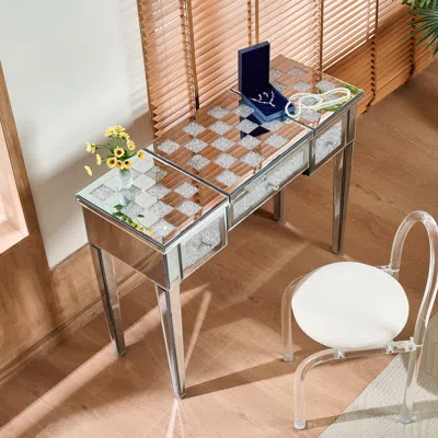 Streamdale Furniture Streamdale Mirrored Vanity Desk, Crushed Diamond Inlay, Flip-top Mirror, Silver