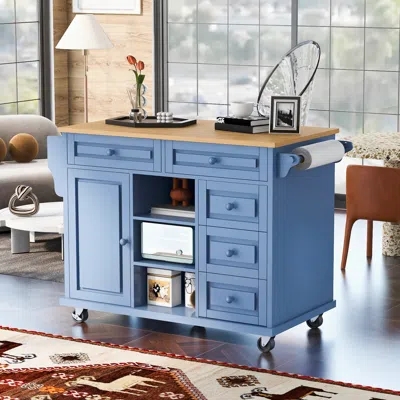 Streamdale Furniture Streamdale Mobile Kitchen Cart With Rubber Wood Desktop And 5 Draws - 53"