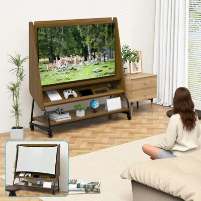 Streamdale Furniture Streamdale Mobile Tv Stand With Mount & Projector Screen For 32-50" Tvs In Brown