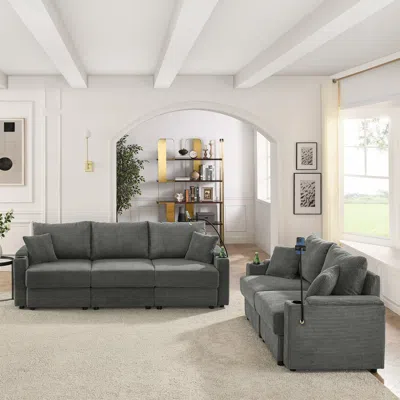 Streamdale Furniture Streamdale Modern 2-piece Corduroy Sofa Set With Storage, Cup And Phone Holders