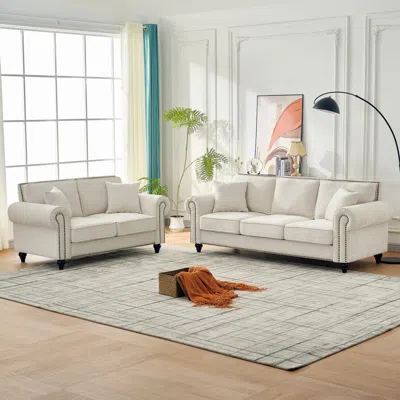 Streamdale Furniture Streamdale Modern 3+2 Seater Chenille Sofa, Rolled Arms, Nailhead Trim - Beige In Neutral