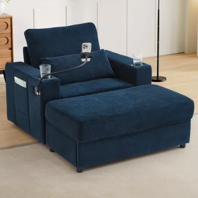 Streamdale Furniture Streamdale Modern Armchair Chaise Lounge Sofa W/ Ottoman, Usb Ports, Cup & Phone Holders - Blue