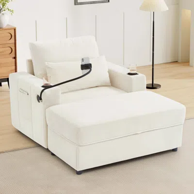 Streamdale Furniture Streamdale Modern Armchair Chaise Lounge Sofa With Ottoman, Usb Ports & Cup Holders - Beige