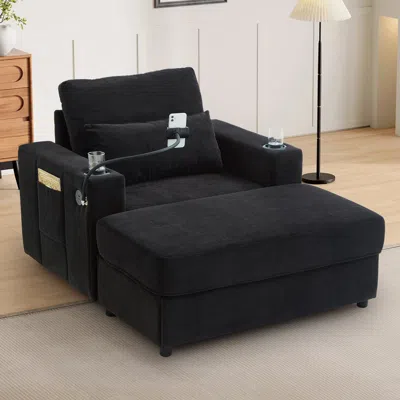 Streamdale Furniture Streamdale Modern Armchair Chaise Lounge Sofa With Ottoman, Usb Ports & Cup Holders - Black