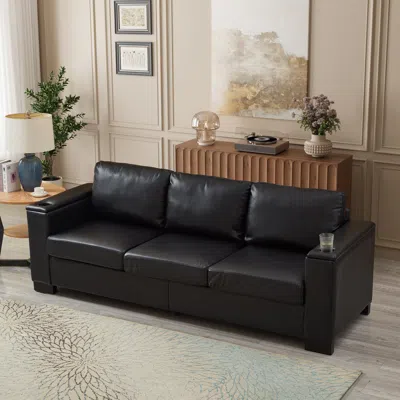 Streamdale Furniture Streamdale Modern Black Faux Leather Sofa With Cup Holder & Storage