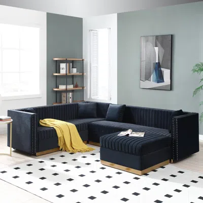 Streamdale Furniture Streamdale Modern Black Velvet Sectional Sofa With Ottoman In Blue
