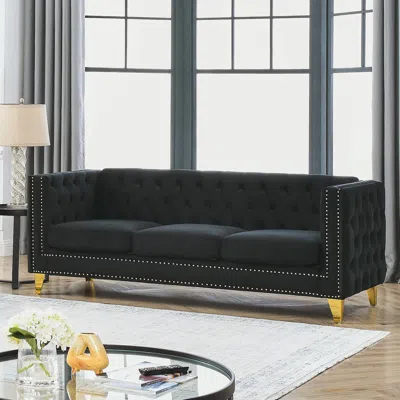 Streamdale Furniture Streamdale Modern Black Velvet Sofa With Tufted Square Arm