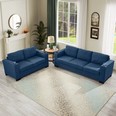 Streamdale Furniture Streamdale Modern Blue Sofa Set With Cup Holder & Storage