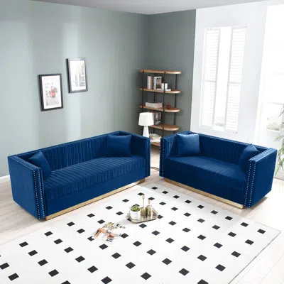 Streamdale Furniture Streamdale Modern Blue Velvet Sofa Loveseat Set With Pillows