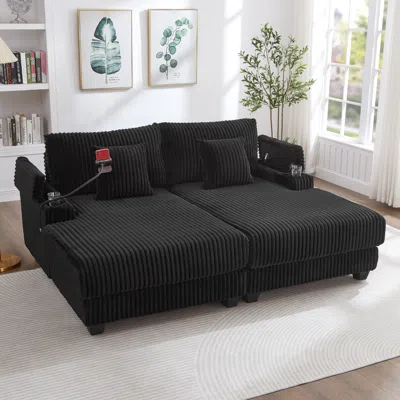 Streamdale Furniture Streamdale Modern Chaise Sofa With Adjustable Backrest, Cup Holders, Phone Holder & Storage, Black