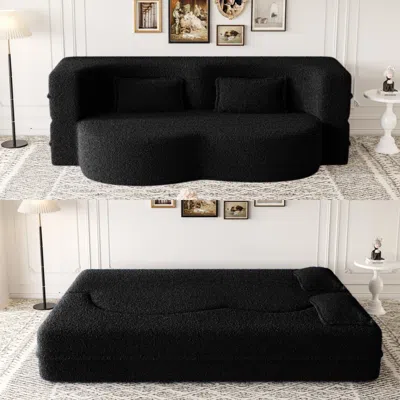 Streamdale Furniture Streamdale Modern Convertible Teddy Fabric Sleeper Sofa Bed With 2 Pillows, Black