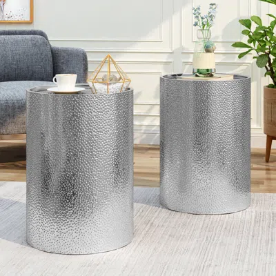 Streamdale Furniture Streamdale Modern Cylindrical Hammered Metal Side Table Set (set Of 2)
