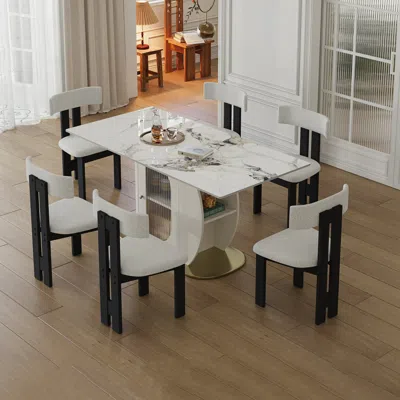 Streamdale Furniture Streamdale Modern Dining Set: Burnt Stone Table, Gold Base, 6 Velvet Chairs In White