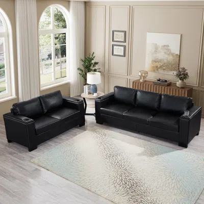 Streamdale Furniture Streamdale Modern Faux Leather Sofa Set With Cup Holder & Storage - Black