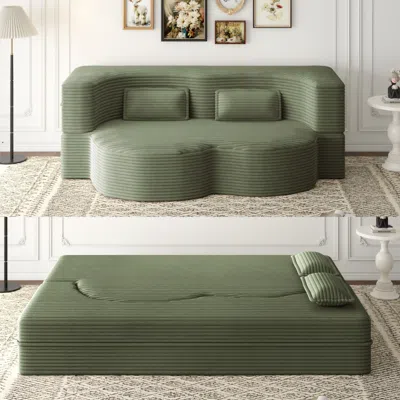 Streamdale Furniture Streamdale Modern Floor Sofa With 2 Pillows, Convertible Plush Corduroy Sleeper Sofa Bed, Green