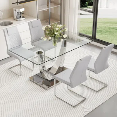 Streamdale Furniture Streamdale Modern Glass & Silver Dining Set Table & 4 Comfort Chairs