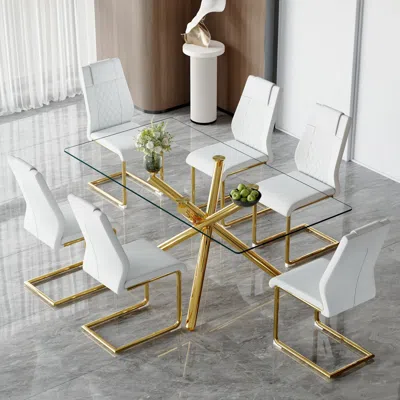 Streamdale Furniture Streamdale Modern Glass Dining Set 6 Chairs, Metal Table & Chair Legs