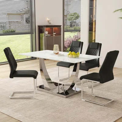 Streamdale Furniture Streamdale Modern Glass Dining Set: Marble Top Table & 4 Black Pu Chairs