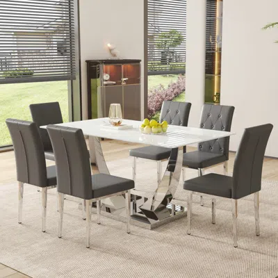 Streamdale Furniture Streamdale Modern Glass Dining Set: Marble Top Table & 6 Gray Chairs