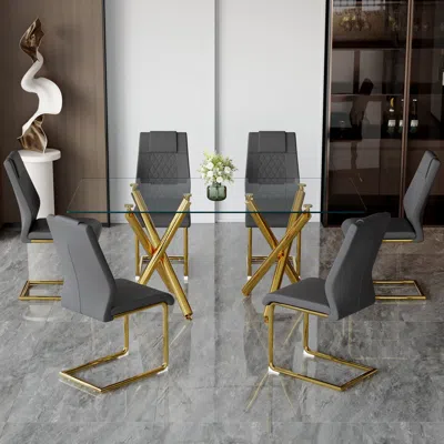 Streamdale Furniture Streamdale Modern Glass Dining Set Table, 6 Chairs, Metal Legs In Gray