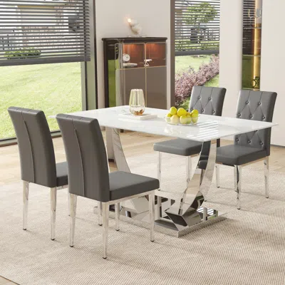 Streamdale Furniture Streamdale Modern Glass Dining Table Set With 4 Gray Chairs