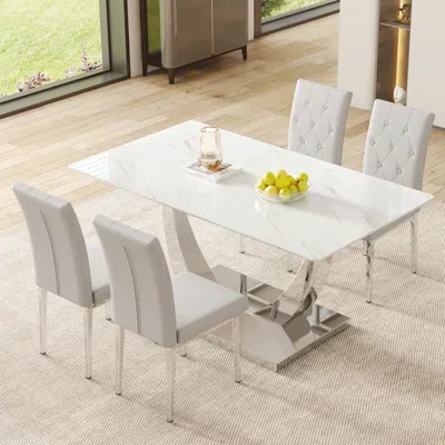 Streamdale Furniture Streamdale Modern Glass Dining Table Set With 4 Gray Chairs