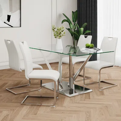 Streamdale Furniture Streamdale Modern Glass Dining Table Set With 4 White Chairs (set Of 5)