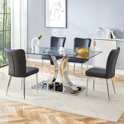 Streamdale Furniture Streamdale Modern Glass Dining Table With X-shaped Legs And 4 Pu Chairs