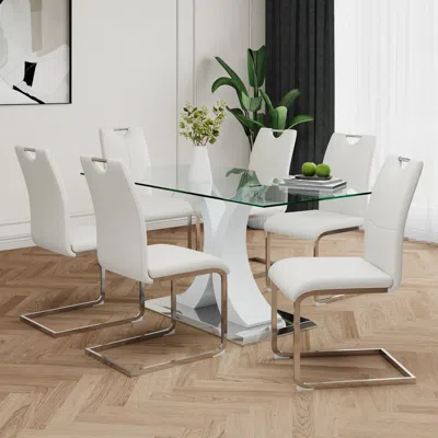 Streamdale Furniture Streamdale Modern Glass Table & White Chair Set Of 7
