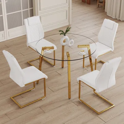 Streamdale Furniture Streamdale Modern Glass Table With White Leather Chairs