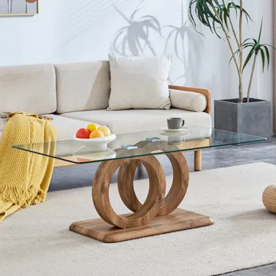 Streamdale Furniture Streamdale Modern Glass Top Coffee Table - Natural Wood Base