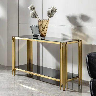 Streamdale Furniture Streamdale Modern Glass Top Mirror Gold Stainless Steel Console Table For Living Room