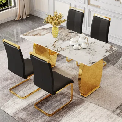 Streamdale Furniture Streamdale Modern Gold Dining Set: Rock Plate Table + Velvet Chairs