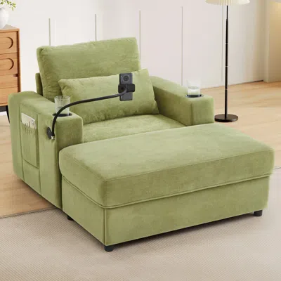 Streamdale Furniture Streamdale Modern Green Armchair With Ottoman, Usb Ports & Cup Holders