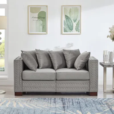 Streamdale Furniture Streamdale Modern Grey Velvet Loveseat With Silver Nailhead Trim
