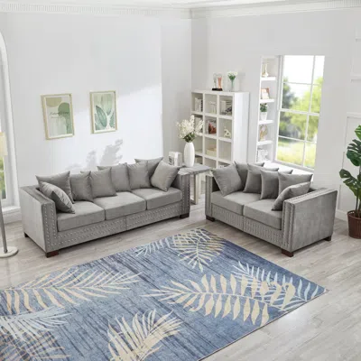 Streamdale Furniture Streamdale Modern Grey Velvet Sofa 2+3 Seater Silver Nailhead Trim