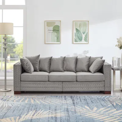 Streamdale Furniture Streamdale Modern Grey Velvet Sofa Silver Nailhead Trim