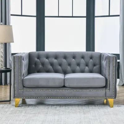 Streamdale Furniture Streamdale Modern Grey Velvet Tufted Sofa With Metal Legs In Gray