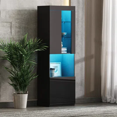 Streamdale Furniture Streamdale Modern High Gloss Storage Cabinet With Led Lights And Open Countertop