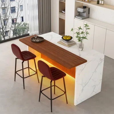 Streamdale Furniture Streamdale Modern Kitchen Island Set With 2 Bar Stools - White Marble Look, Led Lighting & Grill Des