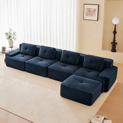Streamdale Furniture Streamdale Modern L-shaped Corduroy Sectional Sofa With Movable Ottoman, Blue