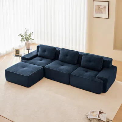 Streamdale Furniture Streamdale Modern L-shaped Corduroy Sectional Sofa With Movable Ottoman, Blue