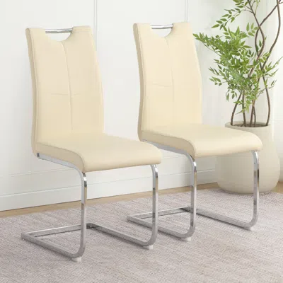 Streamdale Furniture Streamdale Modern Light Yellow Pu Dining Chair With Electroplated Metal Legs (set Of 2) In Silver