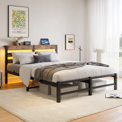 Streamdale Furniture Streamdale Modern Metal Queen Bed Frame With Wood Headboard, Lights, Charger, Shelf