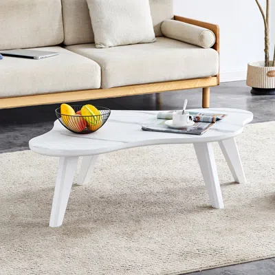 Streamdale Furniture Streamdale Modern Minimalist White Imitation Marble Tabletop Coffee Table. Solid Wood Spray Painted 