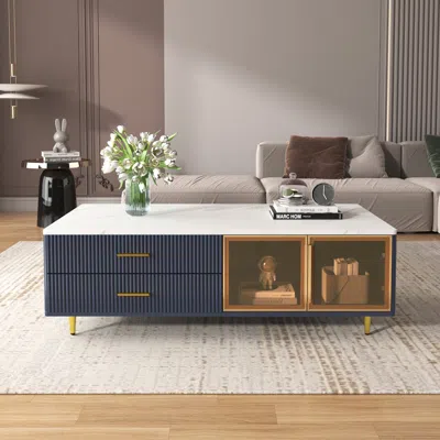 Streamdale Furniture Streamdale Modern Navy Blue Coffee Table With 2 Glass Door Storage In Black