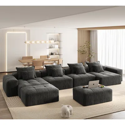 Streamdale Furniture Streamdale Modern Oversized Chenille Sectional Sofa W/ 8 Pillows, Diy, Black