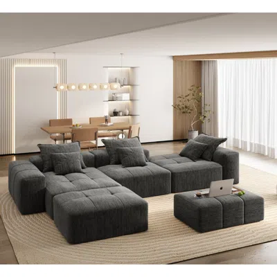 Streamdale Furniture Streamdale Modern Oversized Chenille Sectional Sofa With 6 Pillows, Black